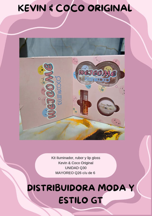 Kit Iluminador + Lip Gloss y Rubor Kevin y Coco Original